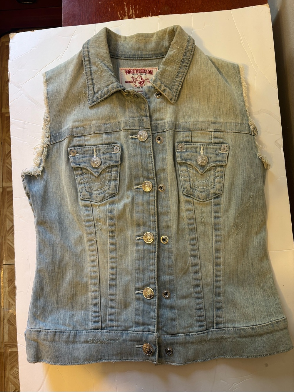True Religion Light Blue Distressed Denim Vest